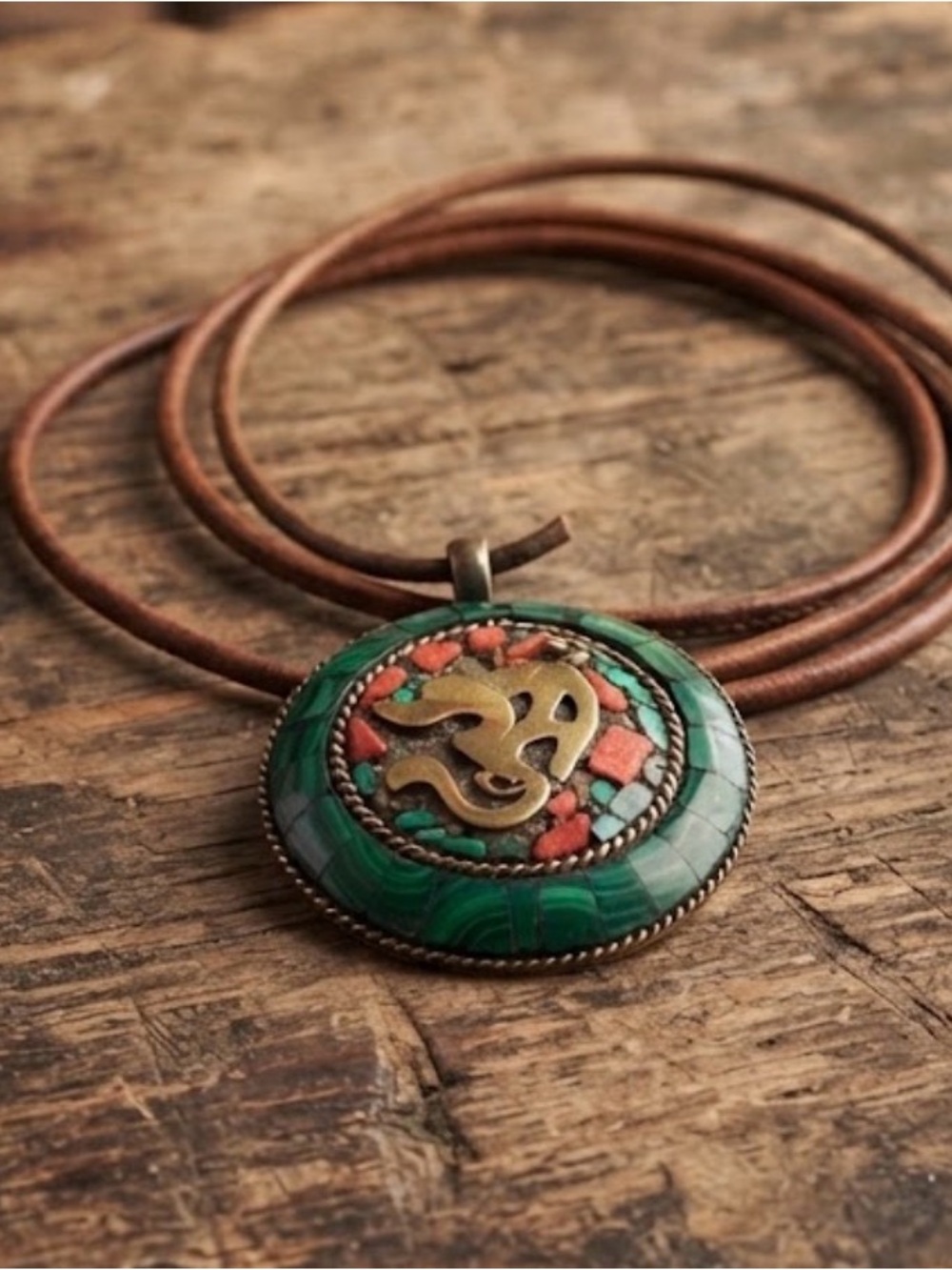Malachite and Red coral Om Symbol Pendant Necklace - Boho Women's Jewelry